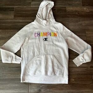 Champion Hoodie Sweatshirt Women's Medium White Colorful Logo Pullover Medium